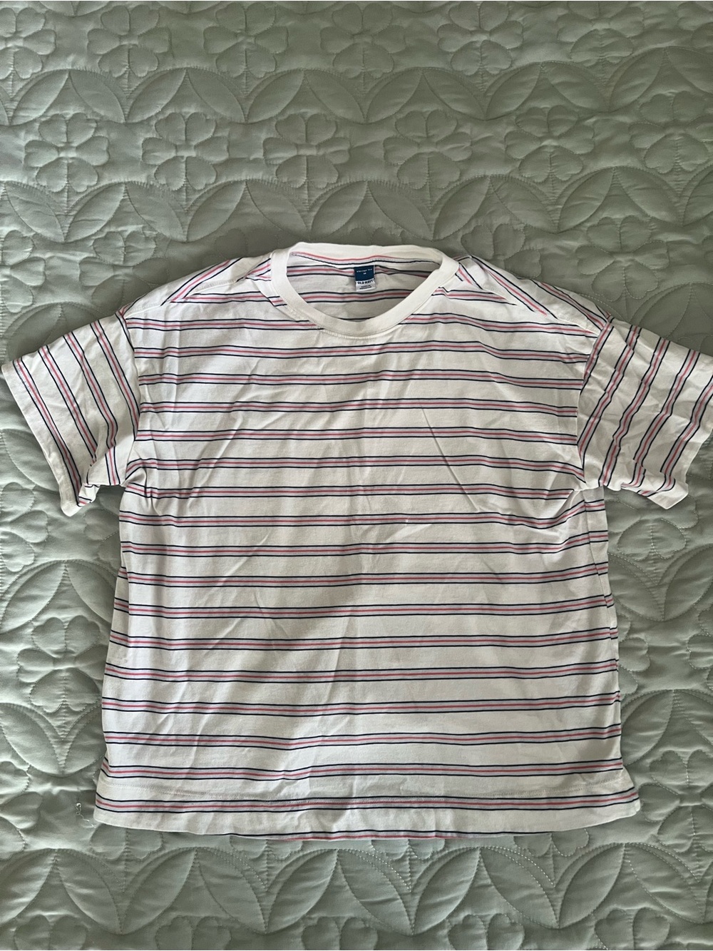 Women’s White Striped Crewneck Tee - Pink & Blue Accents